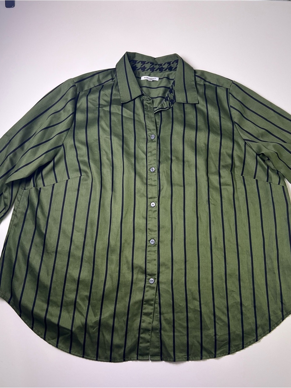 Foxcroft Margie Basil Green Striped Houndstooth Trim Button Down Shirt 2X